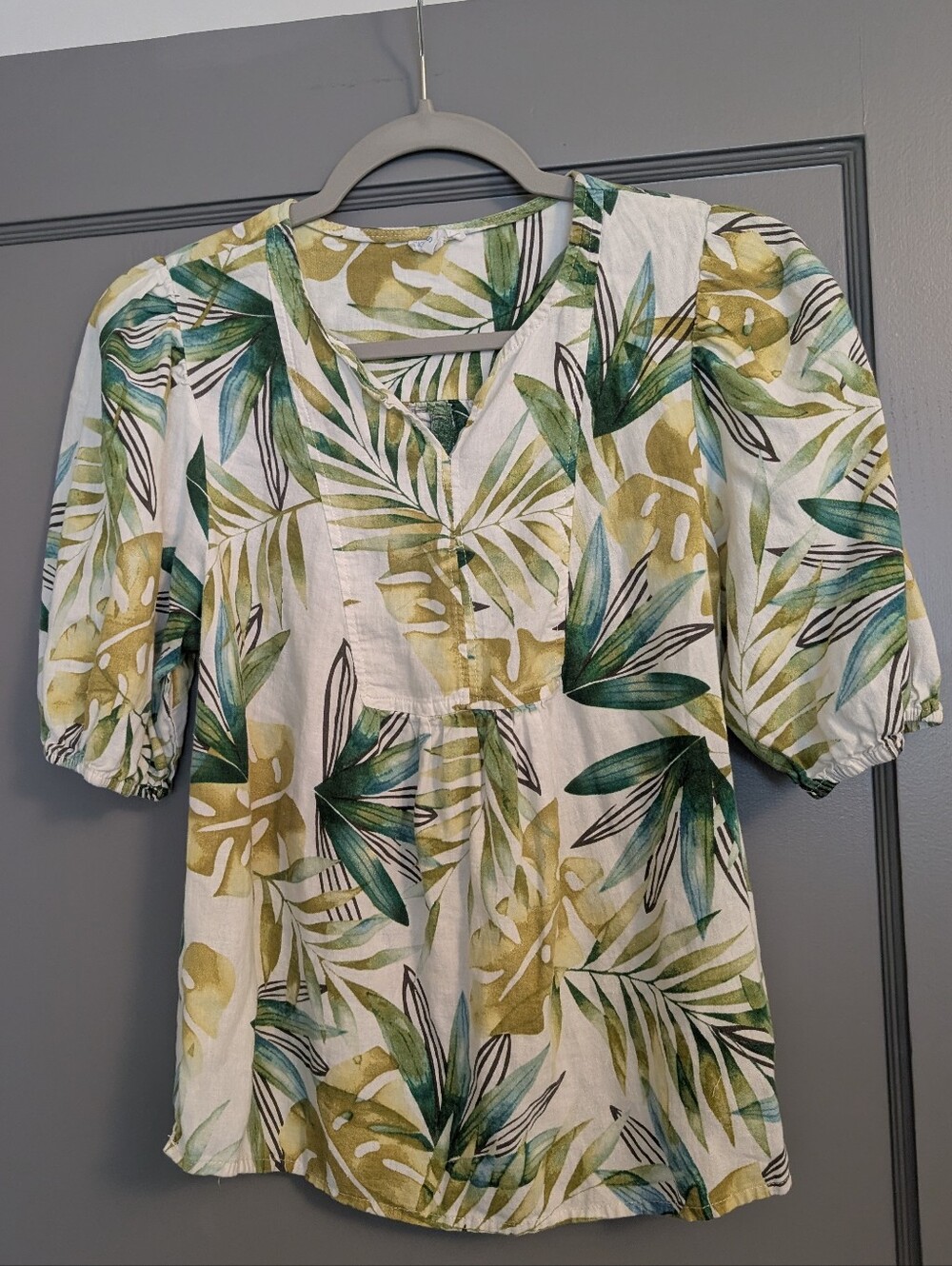 Sigrid Olsen White Tropical Monstera Fern Leaf Print Puff Sleeve Blouse